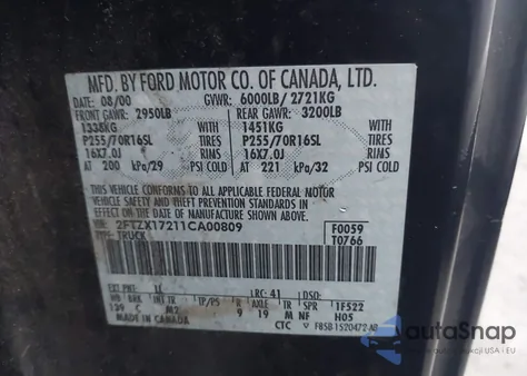 2001 Ford F-150 Xl/Xlt from USA, damaged, VIN 2FTRX17211CA00809